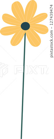 A cheerful yellow flower with a dark center and a single green stem stands tall. A cheerful yellow flower with a dark center and a single green stem stands tall. 127439474