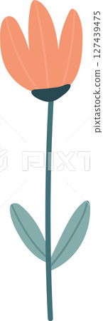 Stylized peach-colored flower with teal stem and leaves against a black backdrop. 127439475