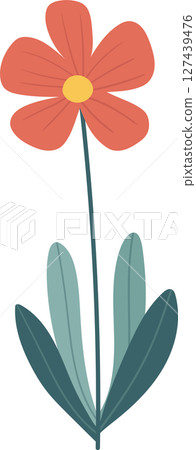 Stylized flower with orange petals, a yellow center, green stem and leaves. 127439476