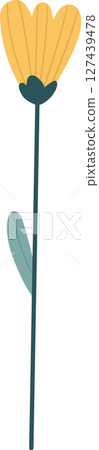 Stylized floral illustration with a yellow bloom, teal stem, and single leaf. 127439478