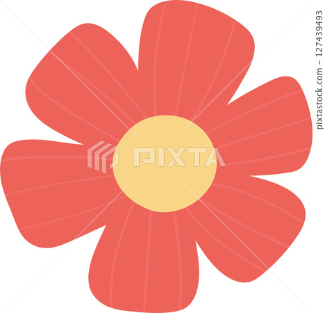 Graphic floral blossom with coral petals and a pale yellow center disk. Graphic floral blossom with coral petals and a pale yellow center disk. 127439493