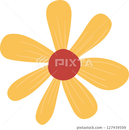 Bright yellow flower with a red center on a solid black background. 127439509