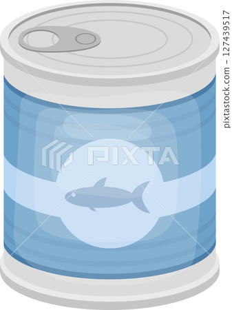 A closed metal can containing food with a fish symbol on a blue container. 127439517