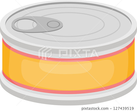 Isometric view of a closed silver and yellow tin can with a pull tab. Isometric view of a closed silver and yellow tin can with a pull tab. 127439519