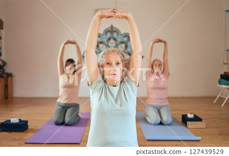 yoga, stretching and elderly women class for fitness, healthcare motivation and body wellness in health studio. Zen meditation, chakra energy and senior people stretch arms for exercise training yoga, stretching and elderly women class for fitness, healthcare motivation and body wellness in health studio. Zen meditation, chakra energy and senior people stretch arms for exercise training 127439529
