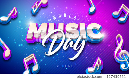 World Music Day Banner Illustration with 3d Musical Notes and Typography Letter on Fluorescent Background. Vector International June 21 Festival Design Template for Web Banner, Post Card, Greeting World Music Day Banner Illustration with 3d Musical Notes and Typography Letter on Fluorescent Background. Vector International June 21 Festival Design Template for Web Banner, Post Card, Greeting 127439531