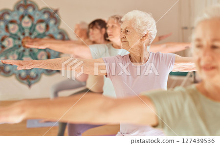Yoga fitness, class and senior women training for elderly wellness, health and retirement self care in pilates studio. Healthcare, body workout and calm group of people exercise for healthy lifestyle 127439536