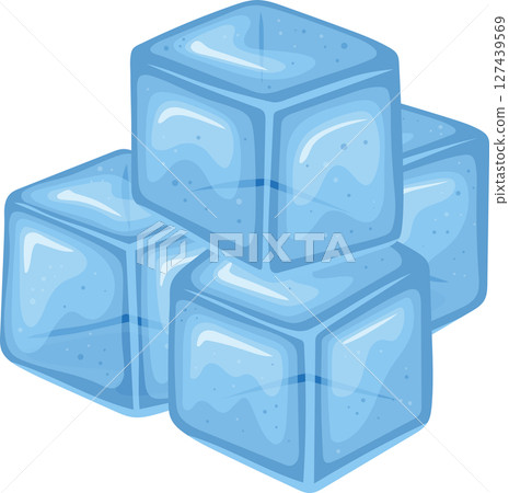 Stacked ice cubes in cartoon style, light blue colored translucent blocks. 127439569