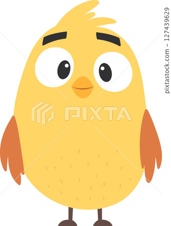 Cartoon bird, funny yellow character with large eyes and small orange wings 127439629
