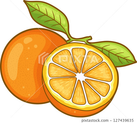 Fresh Citrus: A whole orange alongside a perfectly sliced half, leaves attached 127439635