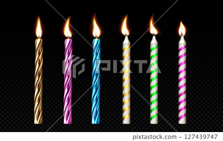 Colorful 3d birthday candle set with lit flames Colorful 3d birthday candle set with lit flames 127439747