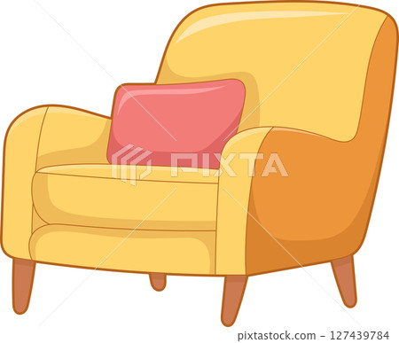 Comfortable armchair with yellow fabric and pink pillow, inviting relaxation. Comfortable armchair with yellow fabric and pink pillow, inviting relaxation. 127439784