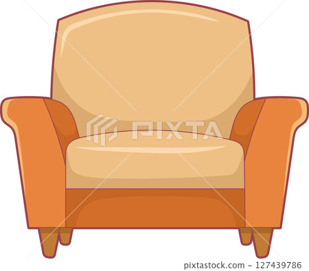 Comfortable armchair with beige cushions and orange armrests and base. Comfortable armchair with beige cushions and orange armrests and base. 127439786