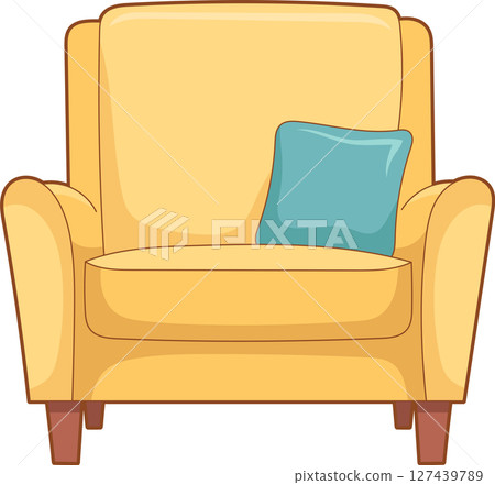 Comfortable yellow cartoon chair with teal cushion for relaxing and reading. Comfortable yellow cartoon chair with teal cushion for relaxing and reading. 127439789