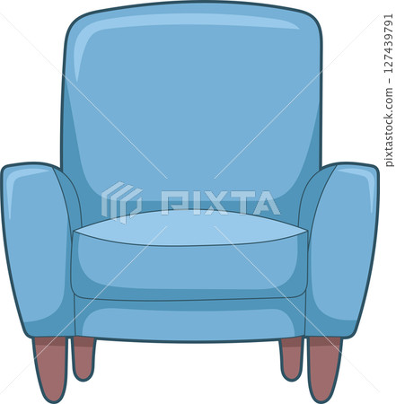 Blue cartoon armchair with short brown legs isolated on a black background. 127439791