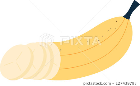 Cartoon illustration of a yellow banana with slices, against a black background. 127439795