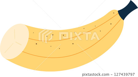 A ripe, curved banana with brown spots and a sliced end displayed plainly. 127439797