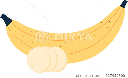Cartoon banana, yellow fruit with spots. Several slices are at the bottom 127439800