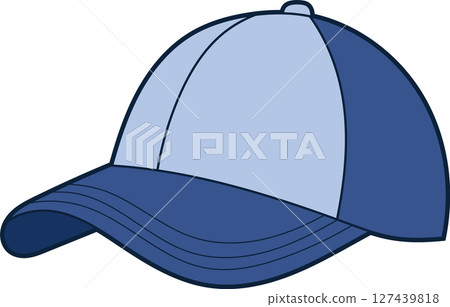 A blue and light blue baseball cap with a curved brim on a black background. A blue and light blue baseball cap with a curved brim on a black background. 127439818