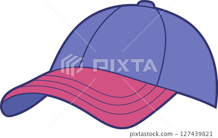 Stylized baseball cap with a pink brim and a blue body on a black background. 127439821