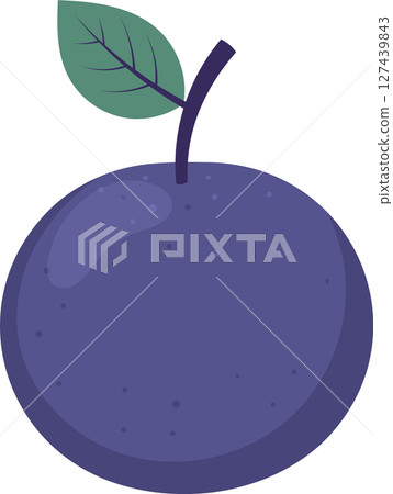 Stylized illustration of a ripe plum with leaf and stem on black background. 127439843