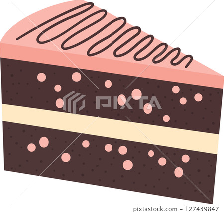 Colorful slice of chocolate cake with pink frosting and chocolate drizzle. 127439847