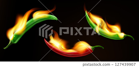 Burning hot chili peppers with realistic fire flames 127439907