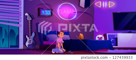 Upset boy sits on floor near broken sci-fi cube Upset boy sits on floor near broken sci-fi cube 127439933