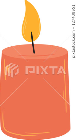 Stylized glowing orange candle with black wick and flickering yellow flame. Stylized glowing orange candle with black wick and flickering yellow flame. 127439951