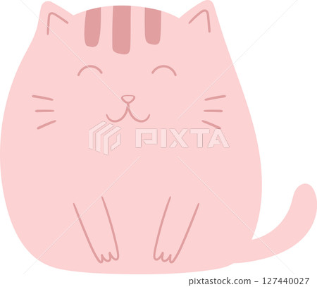 Cute cartoon pink cat with stripes on its head, smiling with eyes closed. Cute cartoon pink cat with stripes on its head, smiling with eyes closed. 127440027