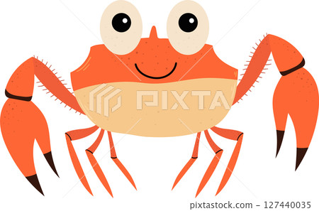 Whimsical crab with a smiling face, large eyes, and prominent pincers on black. Whimsical crab with a smiling face, large eyes, and prominent pincers on black. 127440035