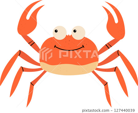 Cartoon crab with smiling face and big claws isolated on a black background. 127440039