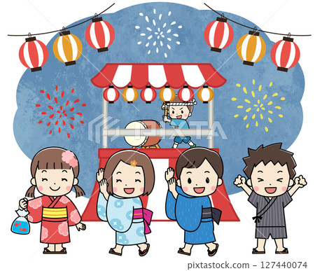 穿著浴衣享受夏日祭典的兒童插圖 穿著浴衣享受夏日祭典的兒童插圖 127440074