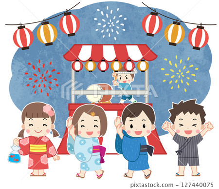 穿著浴衣享受夏日祭典的兒童插圖 穿著浴衣享受夏日祭典的兒童插圖 127440075