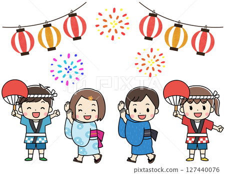 穿著浴衣和法被的孩子們享受夏日祭典的插圖 穿著浴衣和法被的孩子們享受夏日祭典的插圖 127440076
