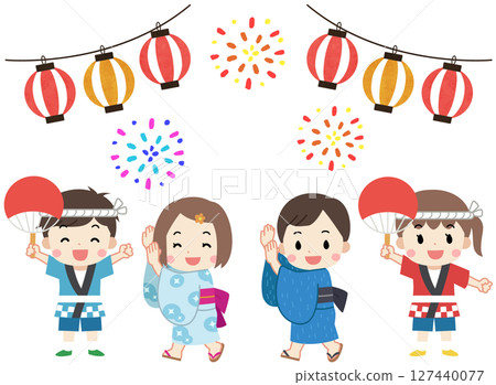 穿著浴衣和法被的孩子們享受夏日祭典的插圖 127440077