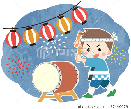 Illustration of a child playing a drum at a summer festival 127440079