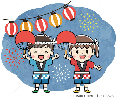穿著法被的孩子們享受夏日祭典的插圖 127440080