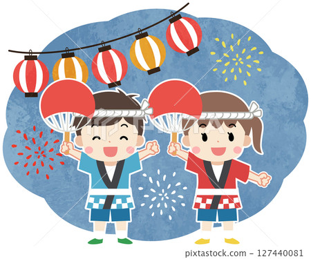 穿著法被的孩子們享受夏日祭典的插圖 穿著法被的孩子們享受夏日祭典的插圖 127440081