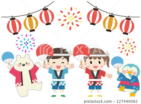 穿著法被和浴衣享受夏日祭典的孩子們以及北極熊和企鵝的插圖 127440082