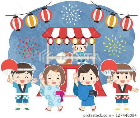 穿著浴衣和法被的孩子們享受夏日祭典的插圖 127440084