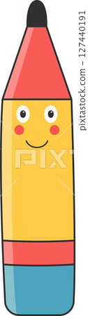 Friendly cartoon pencil character with a smiling face and colorful design. Friendly cartoon pencil character with a smiling face and colorful design. 127440191