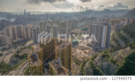 June 8 2025 View of Urban High-Rise Construction Site with Tower Cranes 127440575