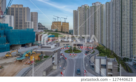 June 8 2025 View of Urban High-Rise Construction Site with Tower Cranes 127440623