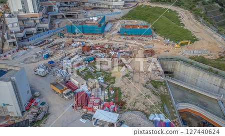 June 8 2025 View of Urban High-Rise Construction Site with Tower Cranes 127440624
