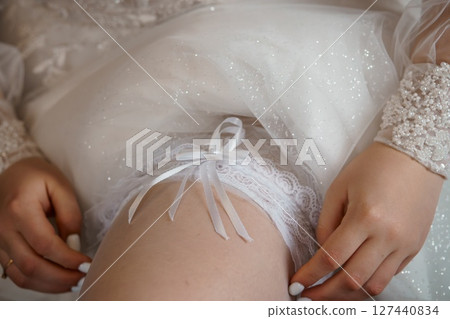Intimate Wedding Detail: Bride Adjusting Delicate Lace Garter, Sparkling Dress, Soft Lighting, Romantic Close-up, Pearl Accessories. Intimate Wedding Detail: Bride Adjusting Delicate Lace Garter, Sparkling Dress, Soft Lighting, Romantic Close-up, Pearl Accessories. 127440834