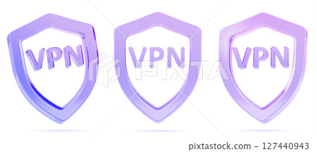 3d glass holographic VPN shield icon set. Virtual private network, data encryption, IP address and location, secure connection technology, anonymous access in internet, cyber security. 3D illustration 127440943
