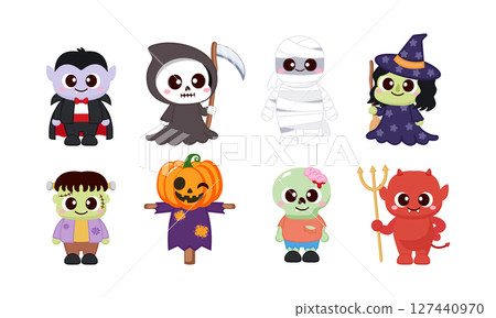Cute cartoon style Halloween characters, Dracula, zombie, skull, devil, pumpkin Cute cartoon style Halloween characters, Dracula, zombie, skull, devil, pumpkin 127440970