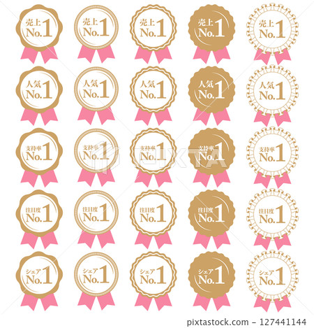Ranking #1 Medal and ribbon rank icon set No.1 Sales Popularity Approval Attention Share Pink 127441144