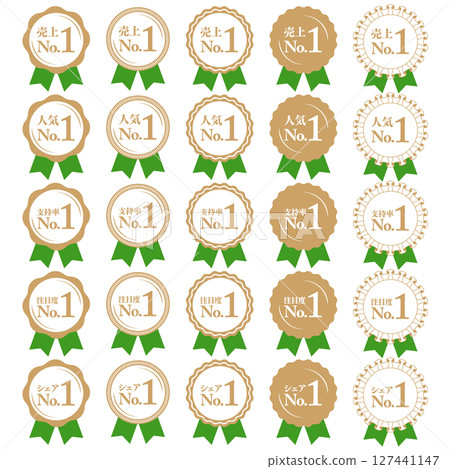 Ranking #1 Medal and ribbon rank icon set No.1 Sales Popularity Approval Attention Share Green 127441147